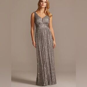 Nightway Allover Sequin Pleated Gown with Illusion Plunge